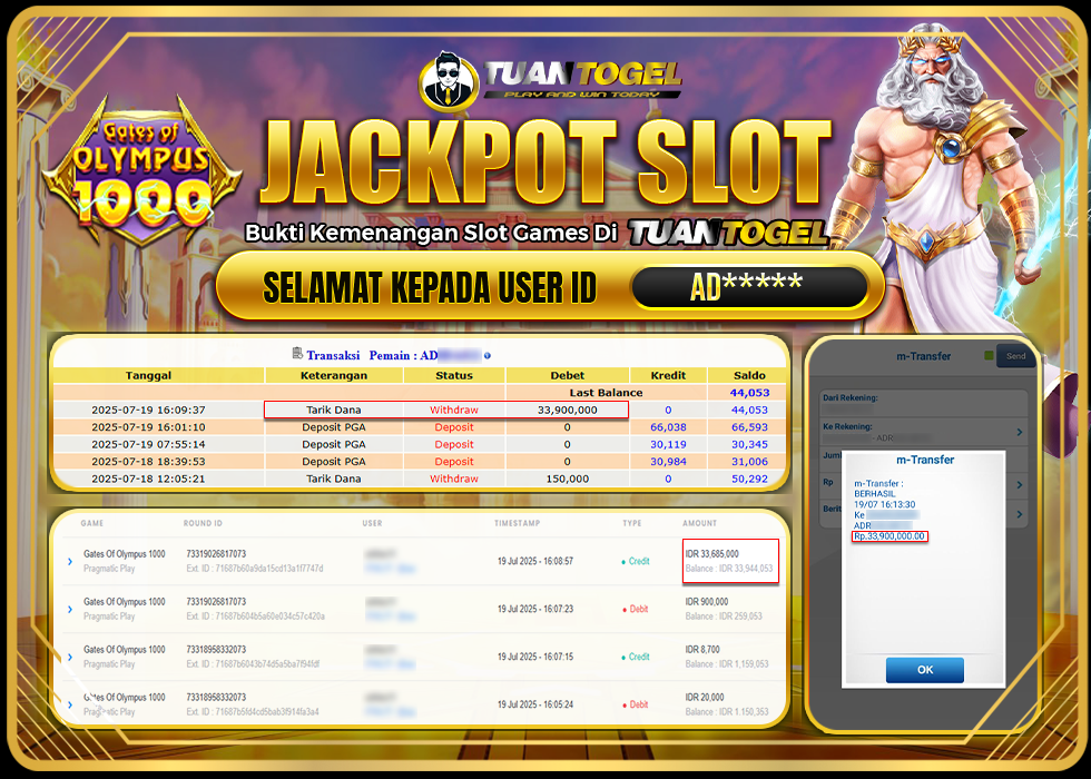 TUANTOGEL JACKPOT SLOT GATES OF OLYMPUS 1000 Rp33.900.000,- LUNAS